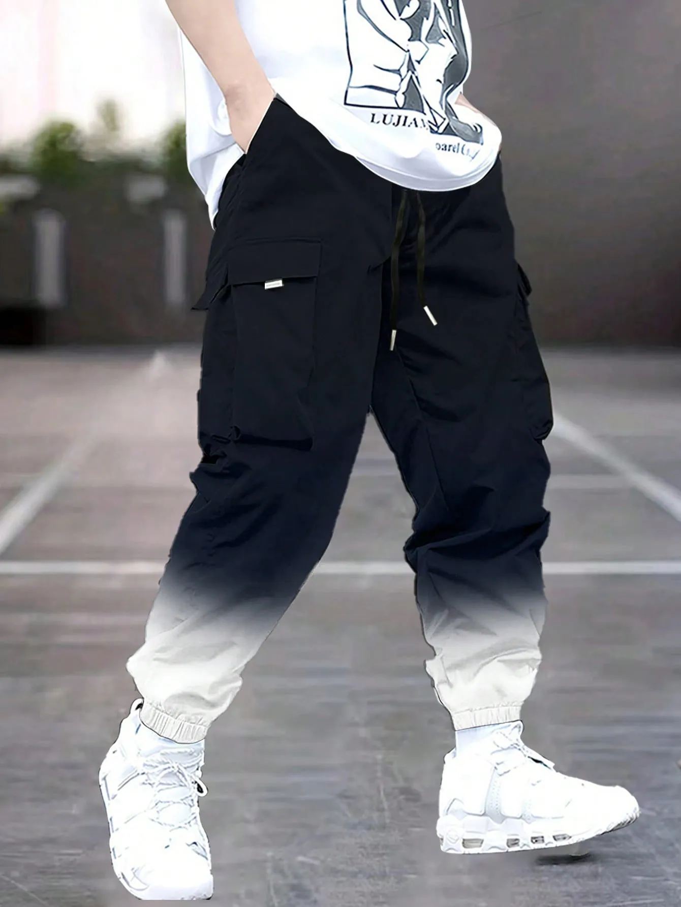 1pc Men's Autumn Gradient Multi-Pocket Cargo Pants, Streetwear Hiphop Style Casual Tapered 3/4 Trousers