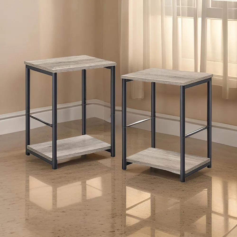 20 Inch Side End Table Set of 2, Square, Bottom Shelf, Black Metal, Gray By Casagear Home