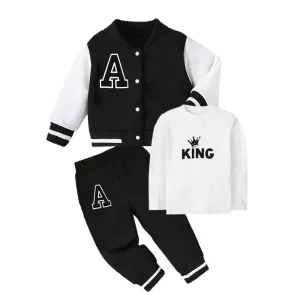 3pcs Baby & Toddler Boys' Casual Baseball Jacket With Button Closure, Letter Print And Letter Print Pants Set