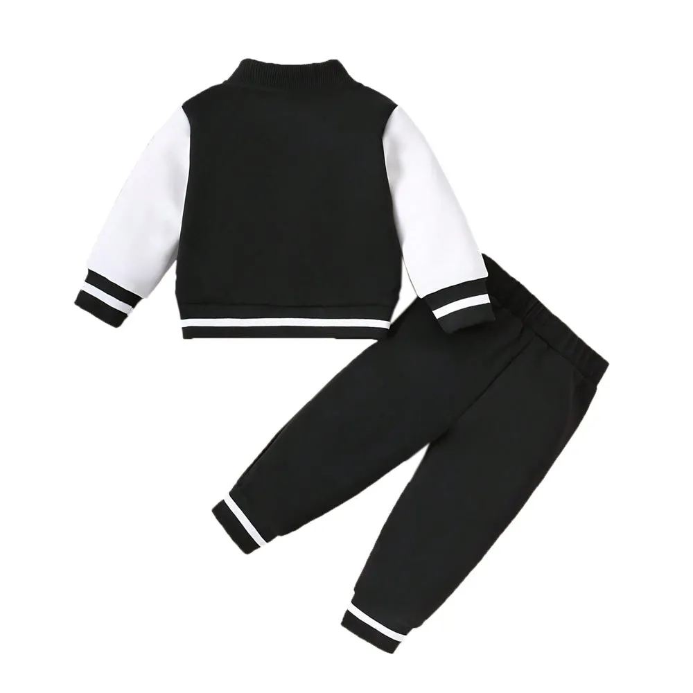 3pcs Baby & Toddler Boys' Casual Baseball Jacket With Button Closure, Letter Print And Letter Print Pants Set