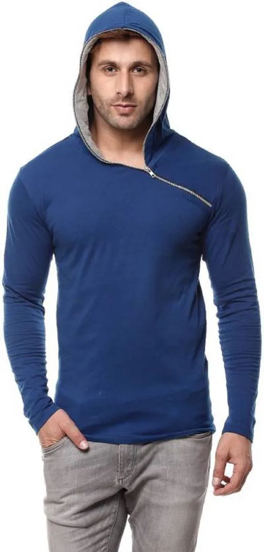 Blue Cotton Hood Chain Full Sleeves T-Shirt