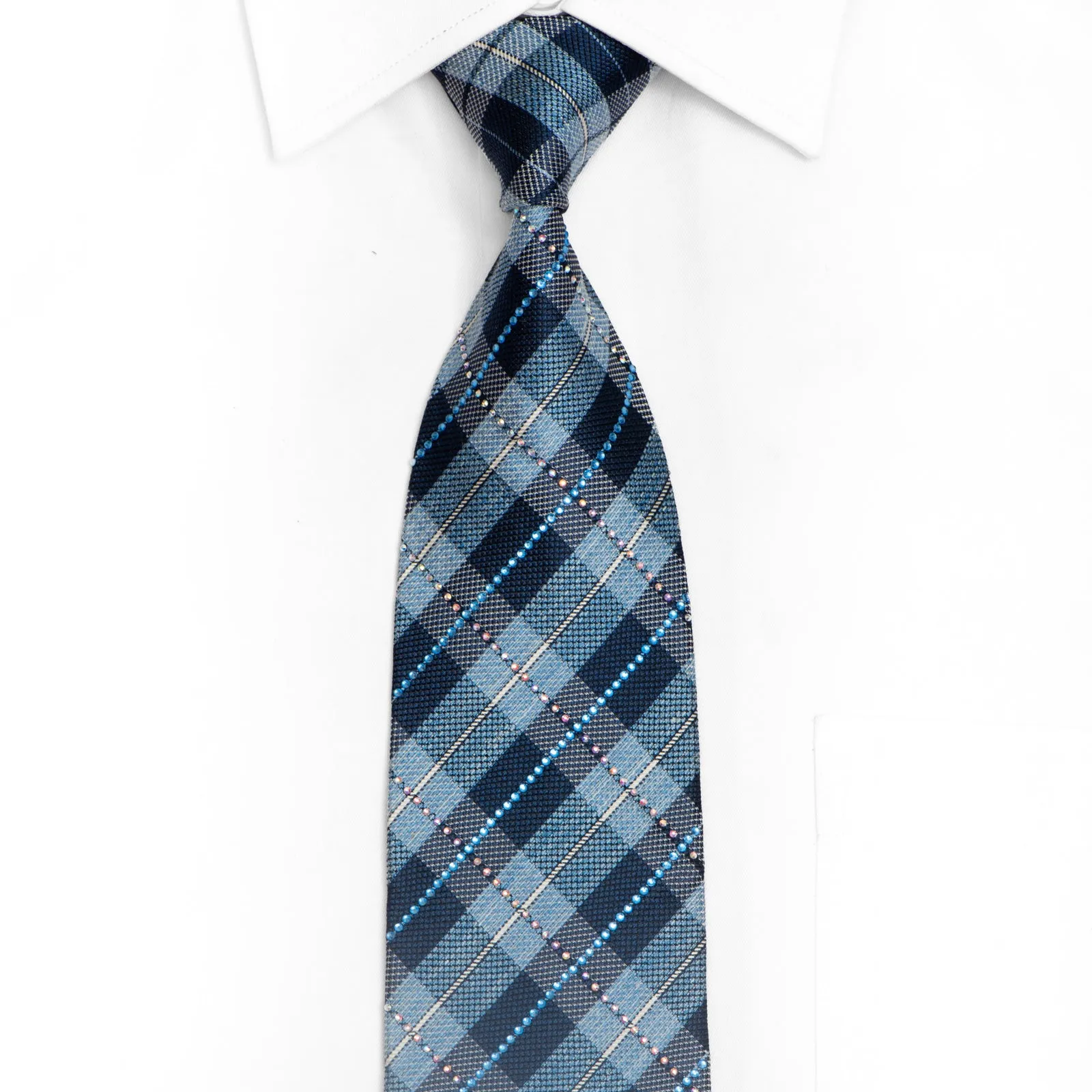 Blue Plaid Rhinestone Silk Necktie