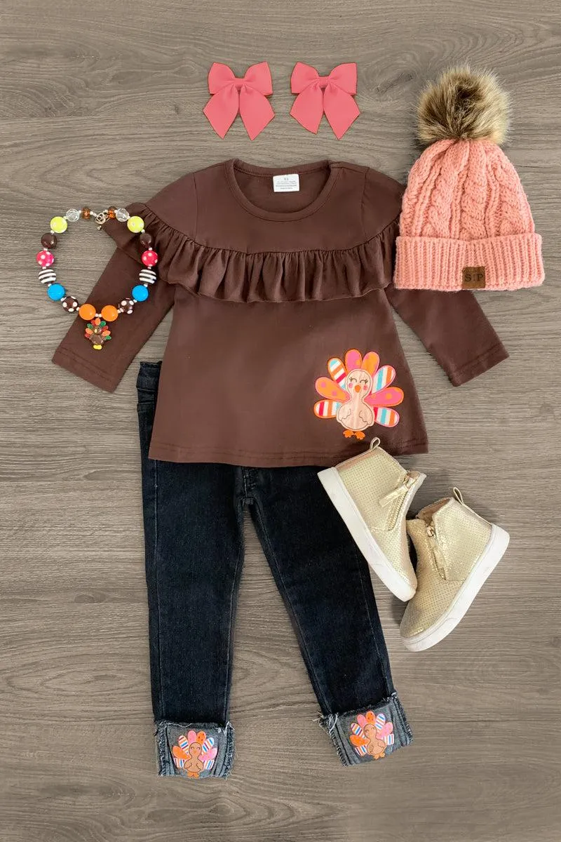 Brown Ruffle Turkey Denim Pant Set