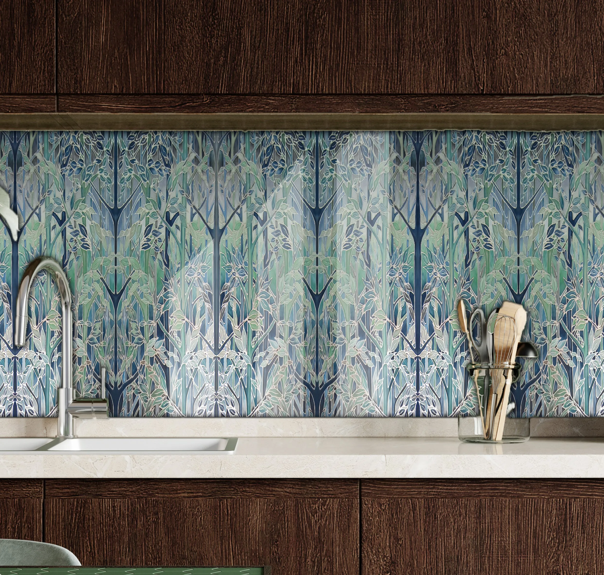 Contemporary Teal Forest Splashback  - Teal Blue Aqua Taupe Made to Measure Glass Splashback