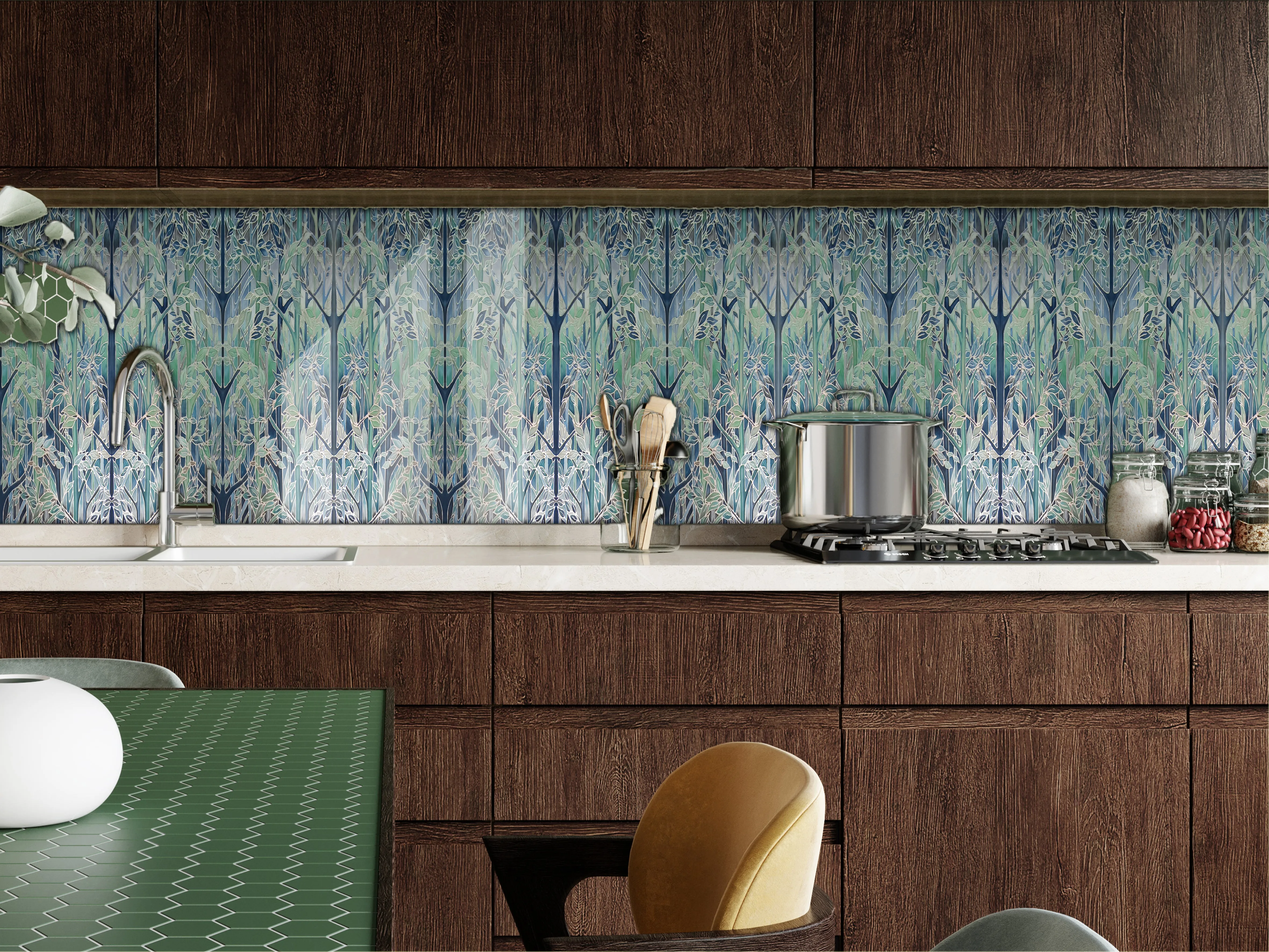 Contemporary Teal Forest Splashback  - Teal Blue Aqua Taupe Made to Measure Glass Splashback