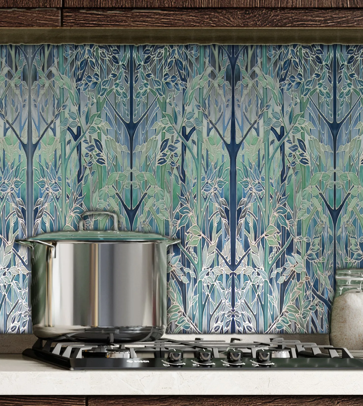 Contemporary Teal Forest Splashback  - Teal Blue Aqua Taupe Made to Measure Glass Splashback