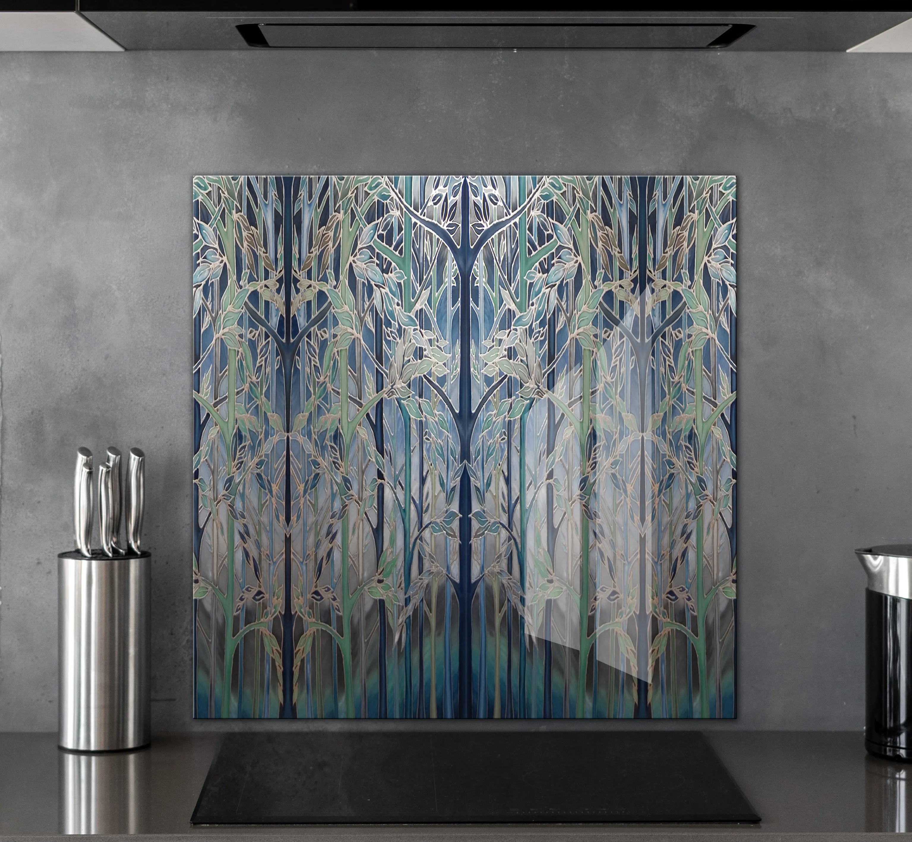 Contemporary Teal Forest Splashback  - Teal Blue Aqua Taupe Made to Measure Glass Splashback