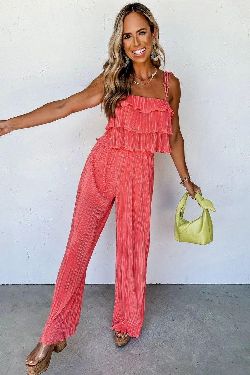 Coral Ruffled Cami Pleated Wide Leg Pants Set