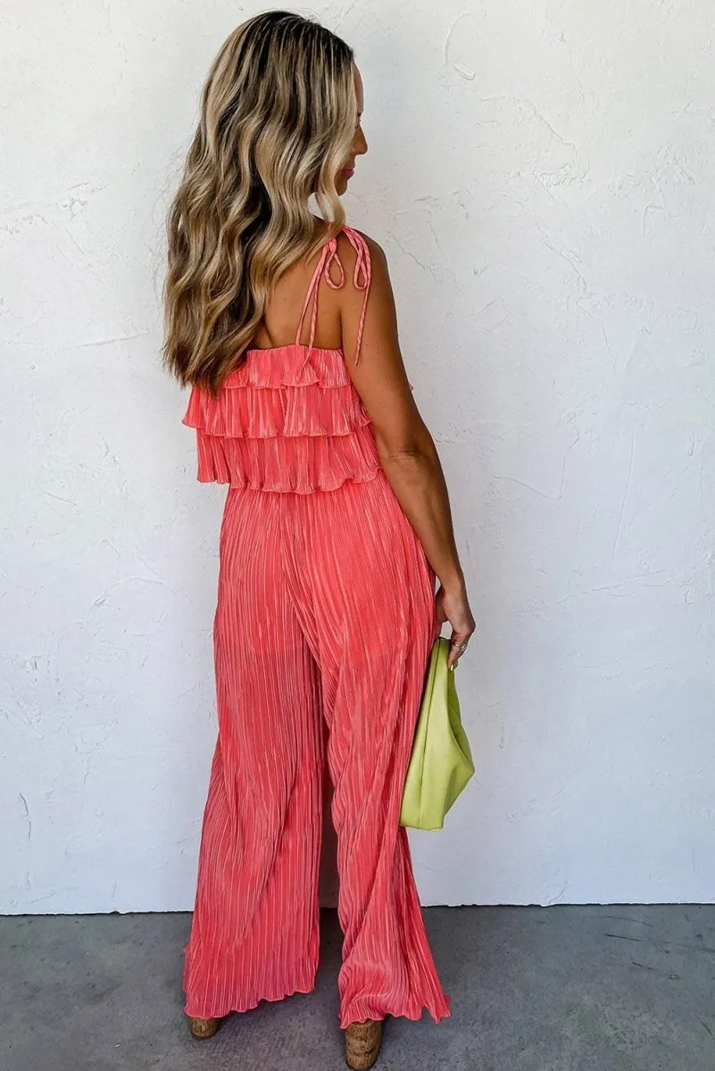 Coral Ruffled Cami Pleated Wide Leg Pants Set