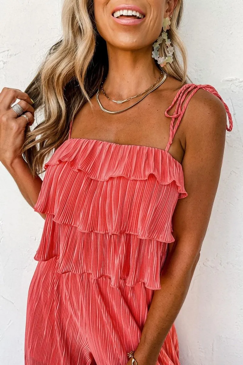 Coral Ruffled Cami Pleated Wide Leg Pants Set