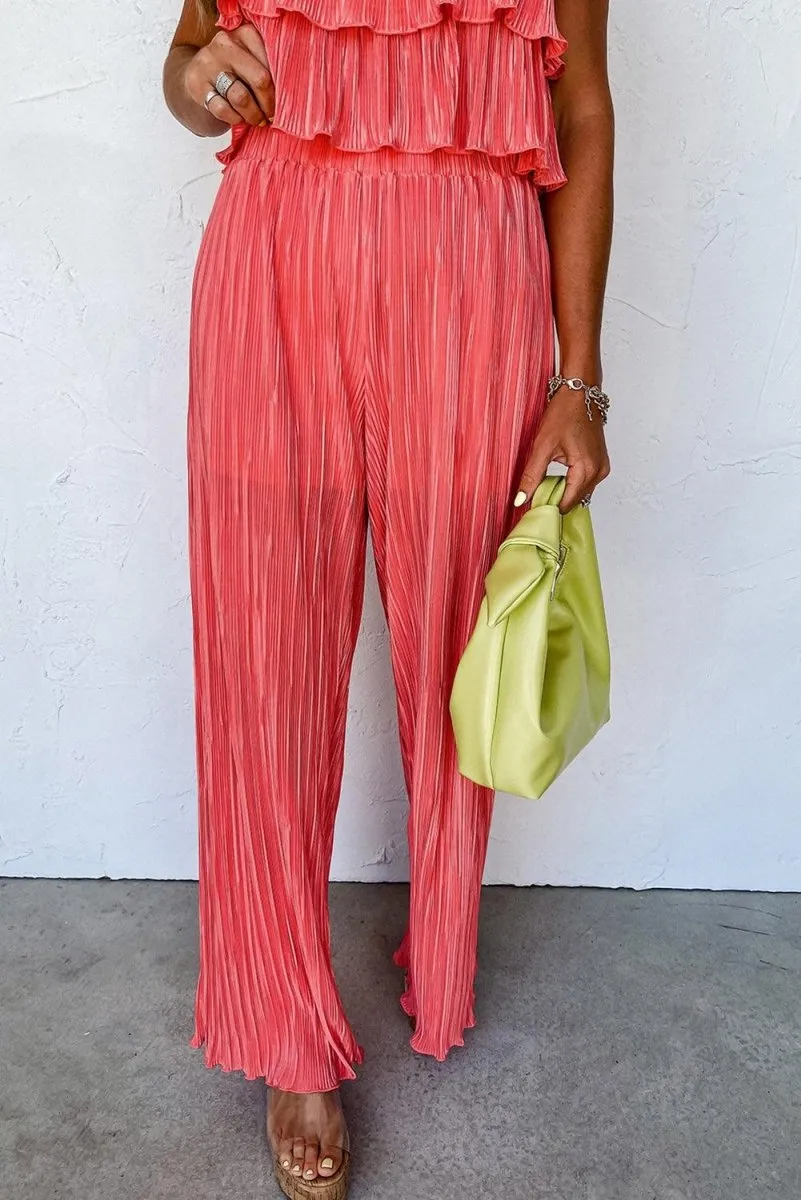 Coral Ruffled Cami Pleated Wide Leg Pants Set