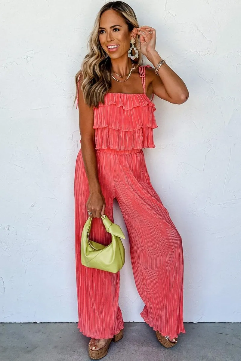 Coral Ruffled Cami Pleated Wide Leg Pants Set