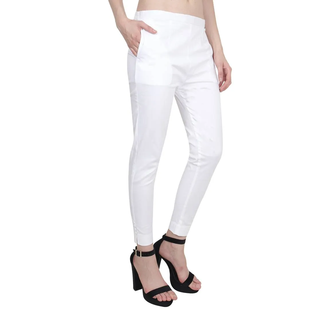 Cotton Lycra White Solid Pant