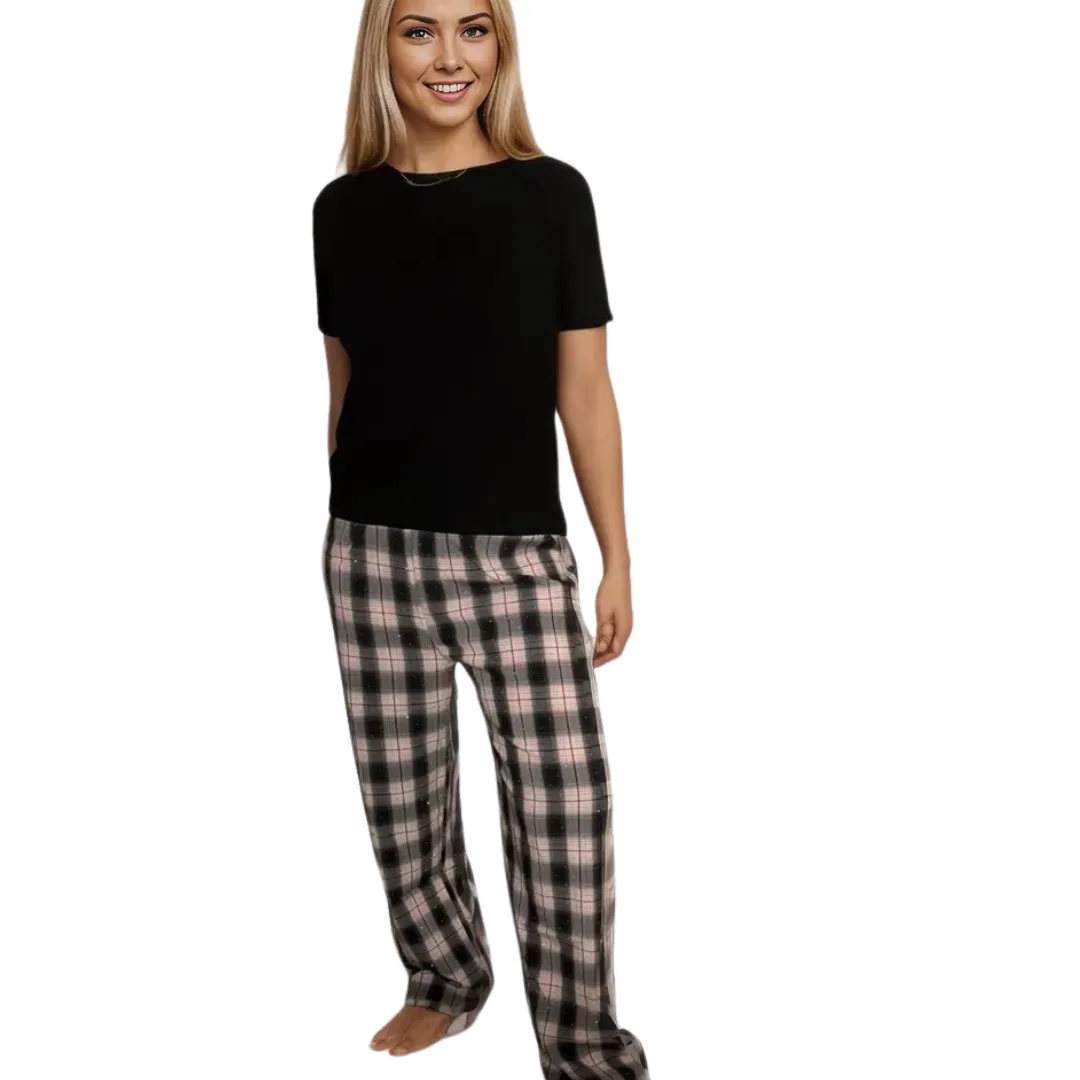 Cozy Women's Plaid Pajama Set - Pink & Black Plaid Pants with Black T-Shirt