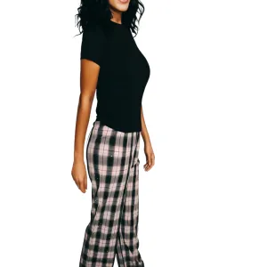 Cozy Women's Plaid Pajama Set - Pink & Black Plaid Pants with Black T-Shirt