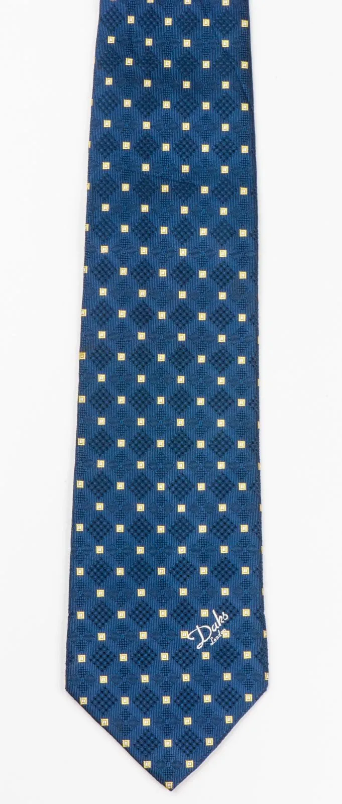 Daks Men's Classic Silk Neck Tie Yellow Squares On Navy Blue