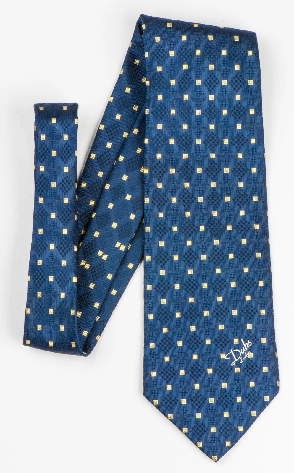 Daks Men's Classic Silk Neck Tie Yellow Squares On Navy Blue