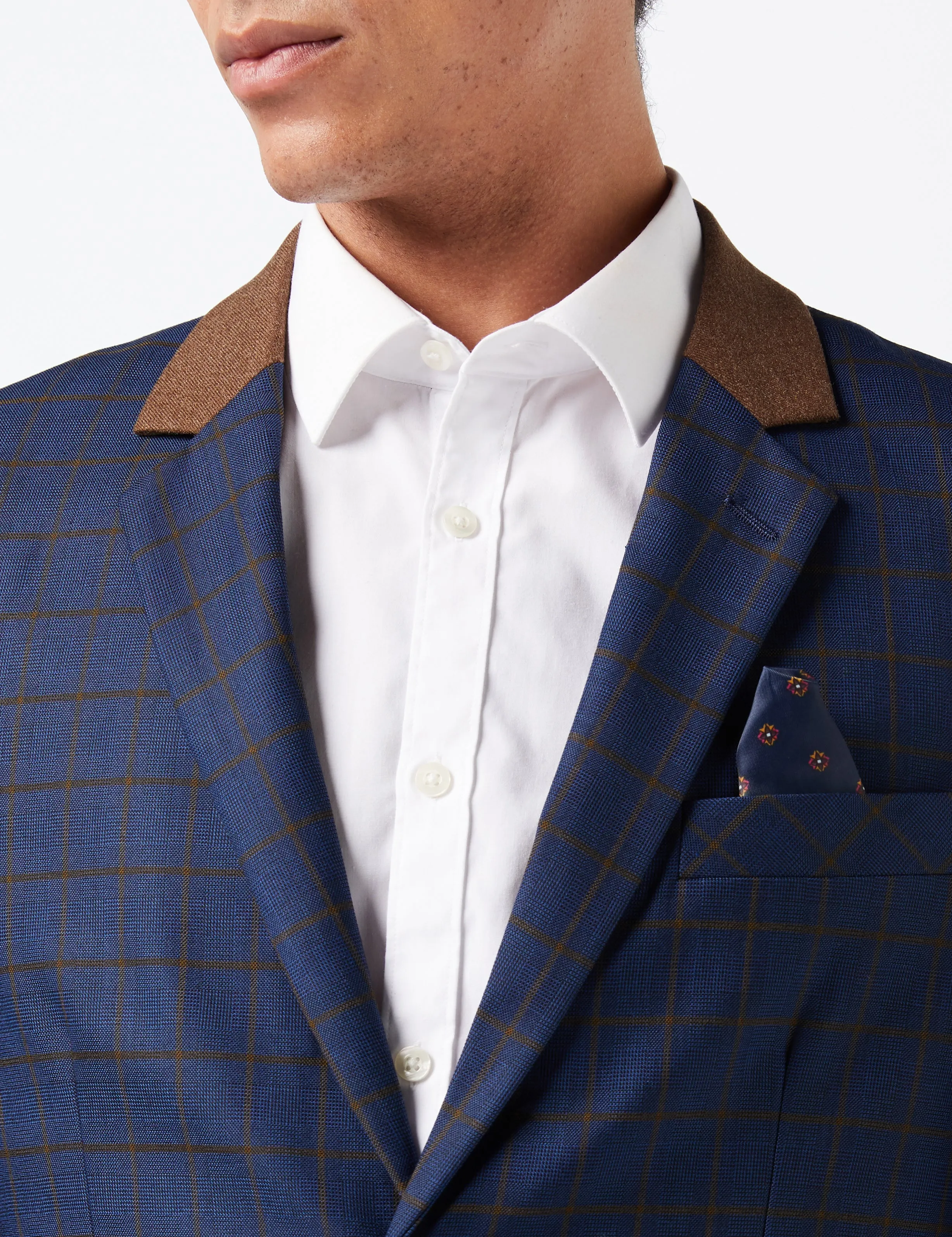 FALCO – Windowpane Check Tan on Navy Blazer