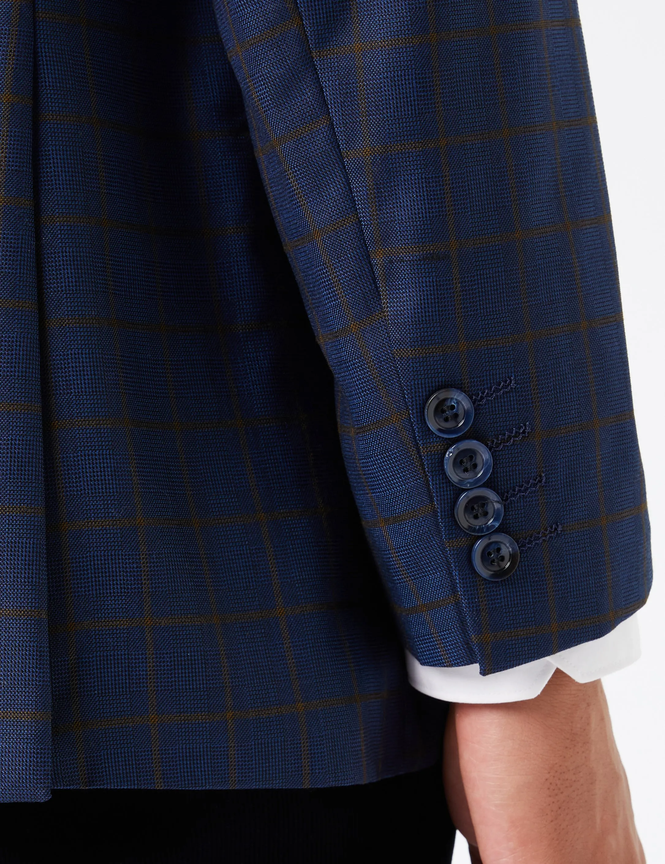 FALCO – Windowpane Check Tan on Navy Blazer