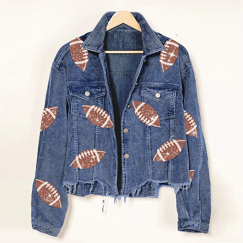 Fashion Corduroy Jacket Fashion Rugby Print Baseball Jacket Autumn And Winter Tops Clothes For Women