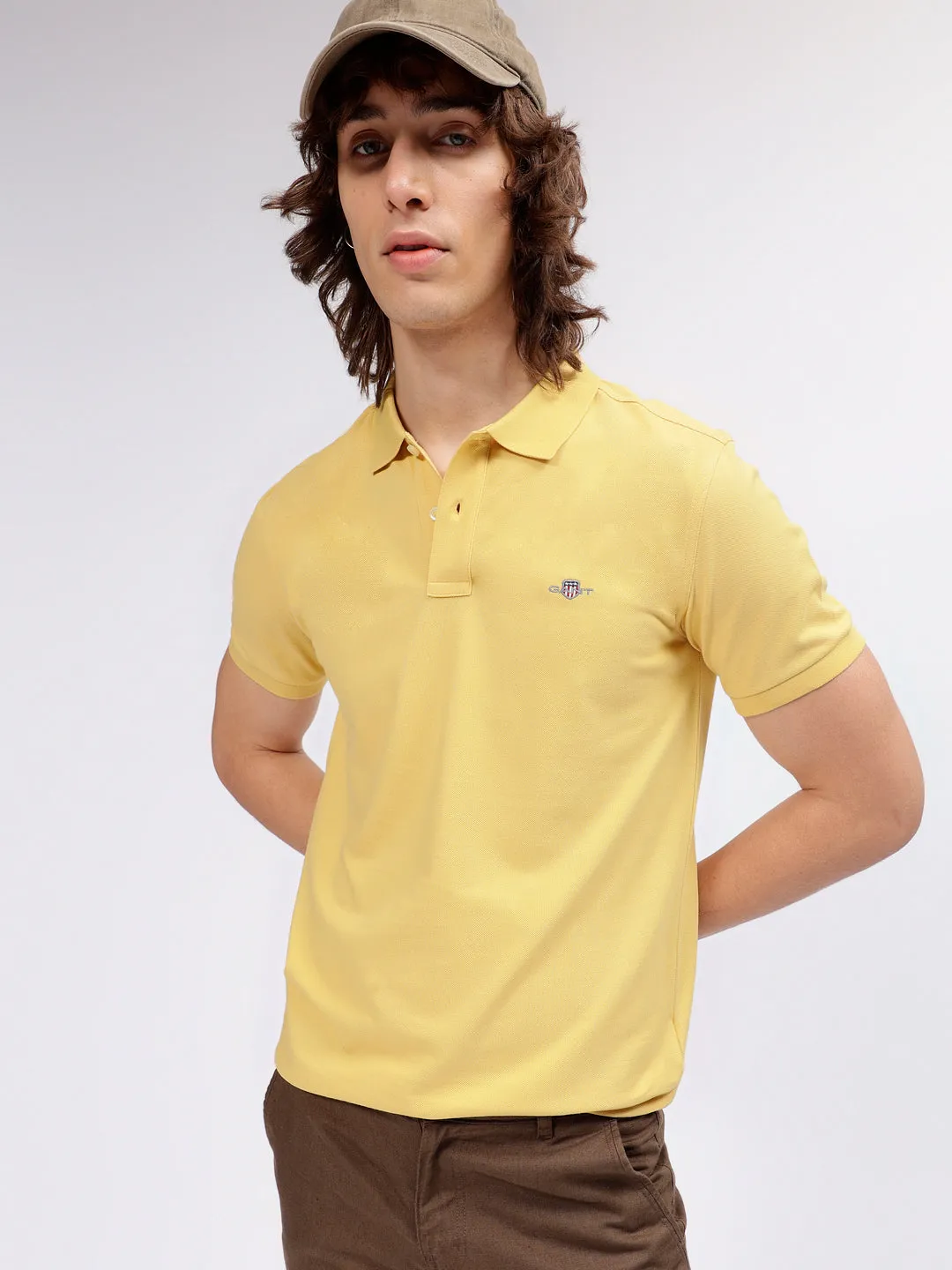 Gant Men Yellow Solid Polo Collar Short Sleeves T-shirt