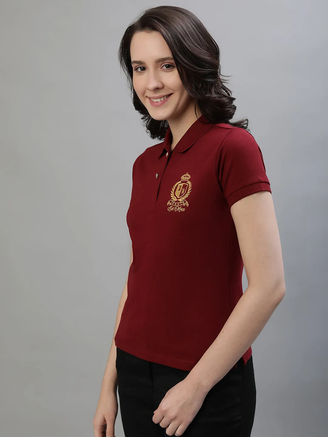 Iconic Women Maroon Solid Polo Collar Short Sleeves T-Shirt