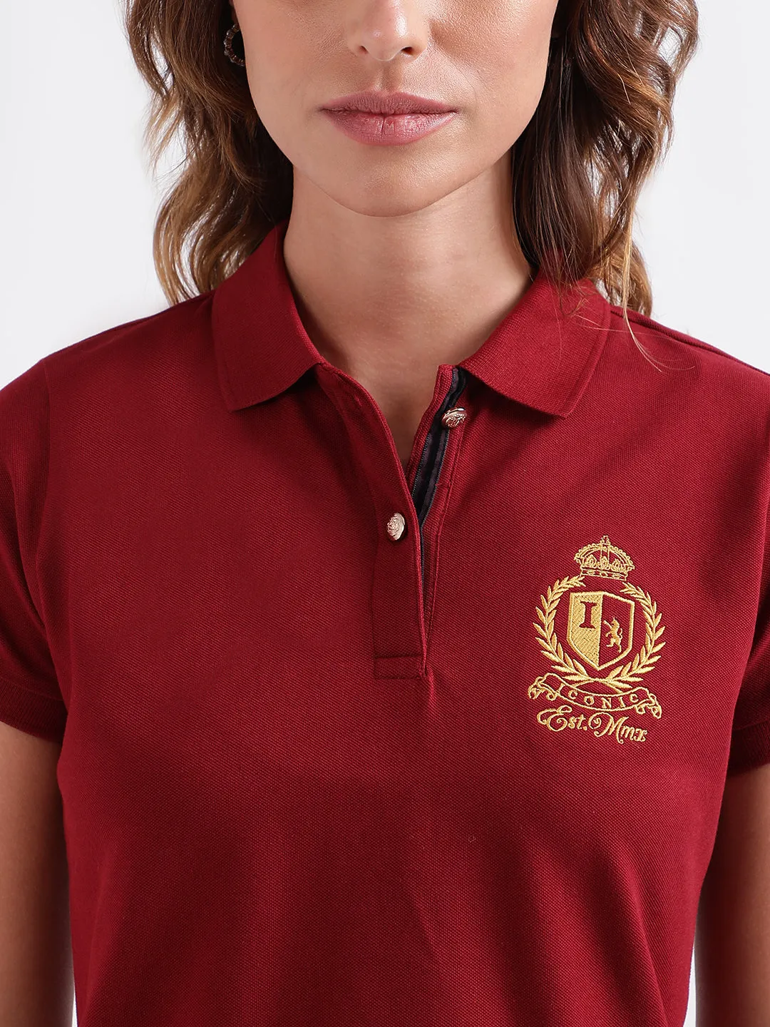 Iconic Women Maroon Solid Polo Collar Short Sleeves T-Shirt