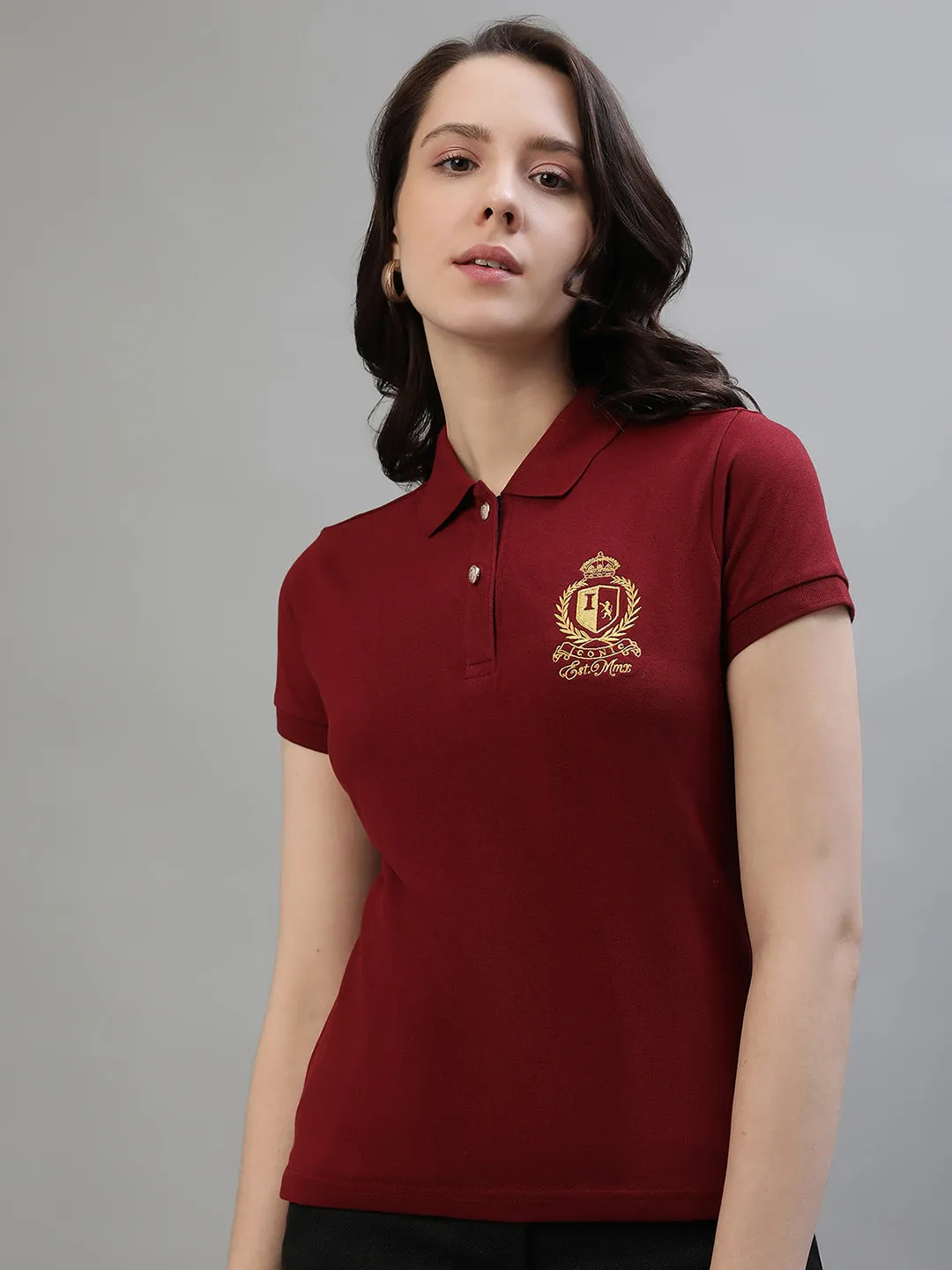 Iconic Women Maroon Solid Polo Collar Short Sleeves T-Shirt