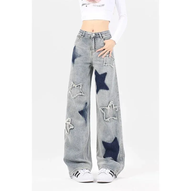 LVSANW American Retro Jeans Five-point Star Raw Edge Splicing Loose Wide-leg Jeans Women Look Thin Trendy All-match Mopping Pants Women