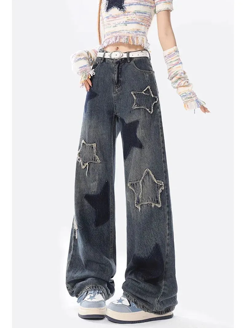 LVSANW American Retro Jeans Five-point Star Raw Edge Splicing Loose Wide-leg Jeans Women Look Thin Trendy All-match Mopping Pants Women