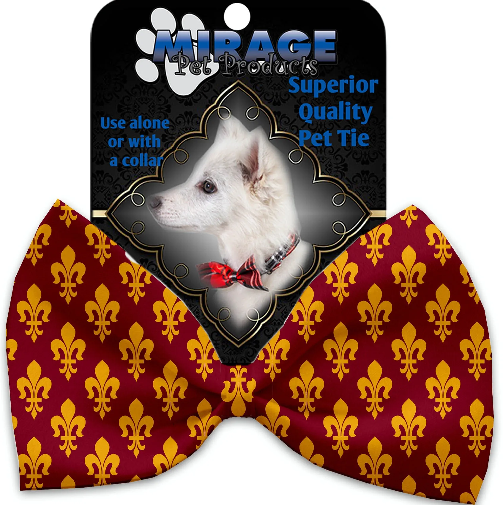 Maroon Fleur De Lis Pet Bow Tie Collar Accessory With Velcro