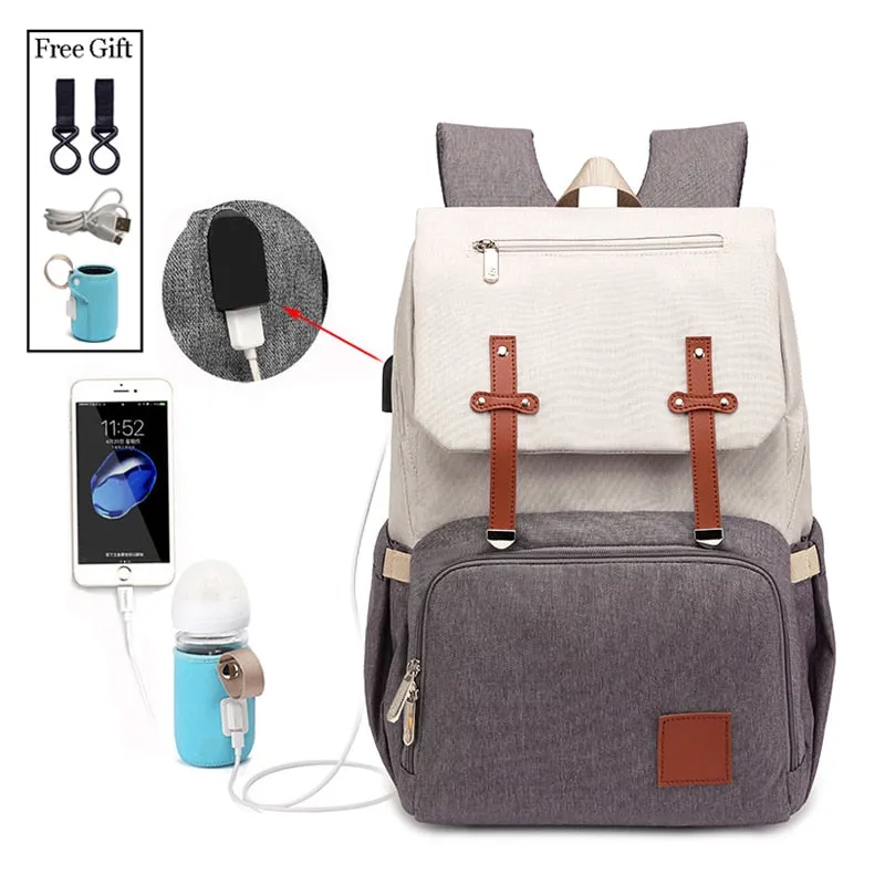 Maternity Baby Diaper Nursing Oxford Backpack w/ Bottle Warmer and USB Charging