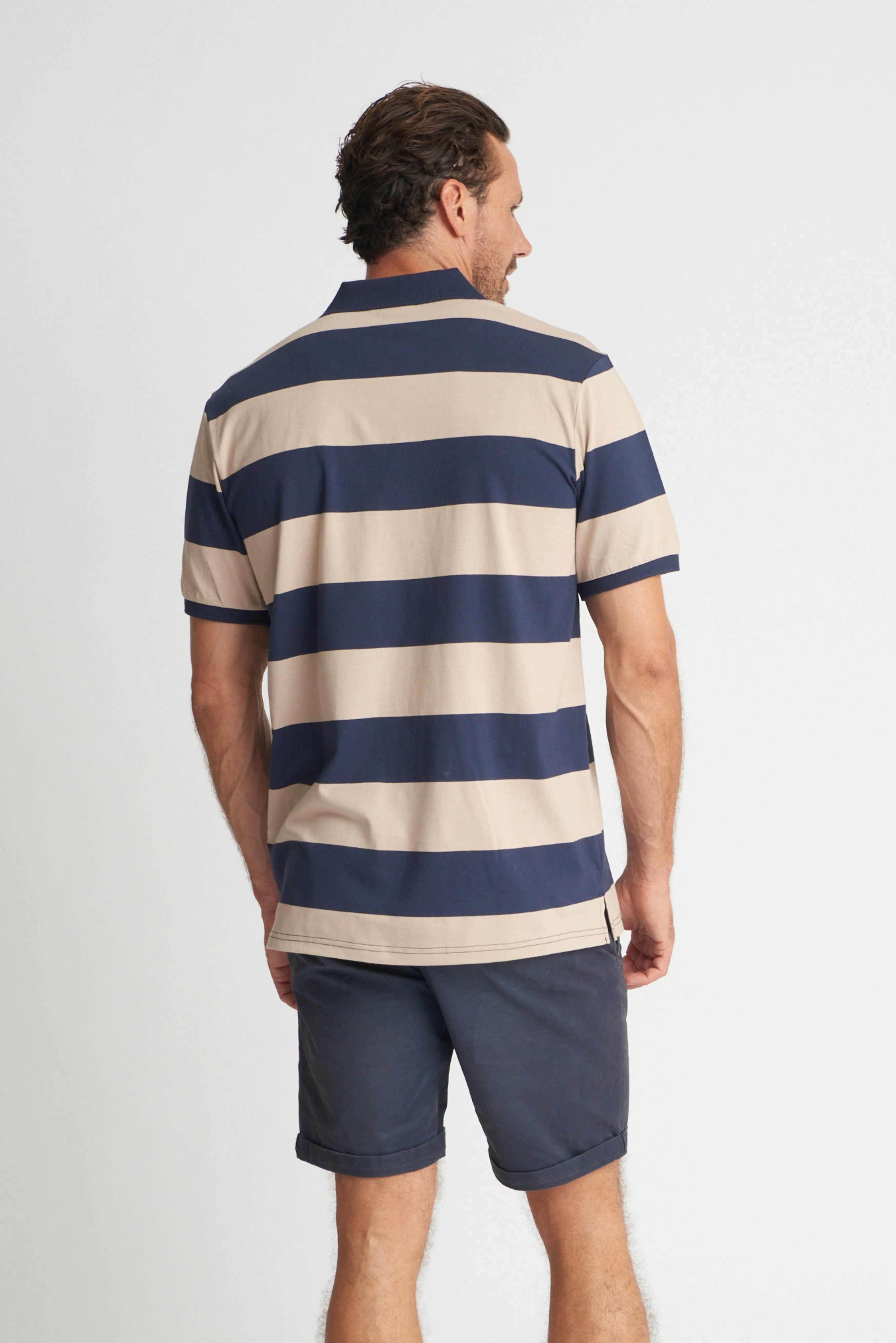 Mens Cotton Stripe Polo Navy/Hummus