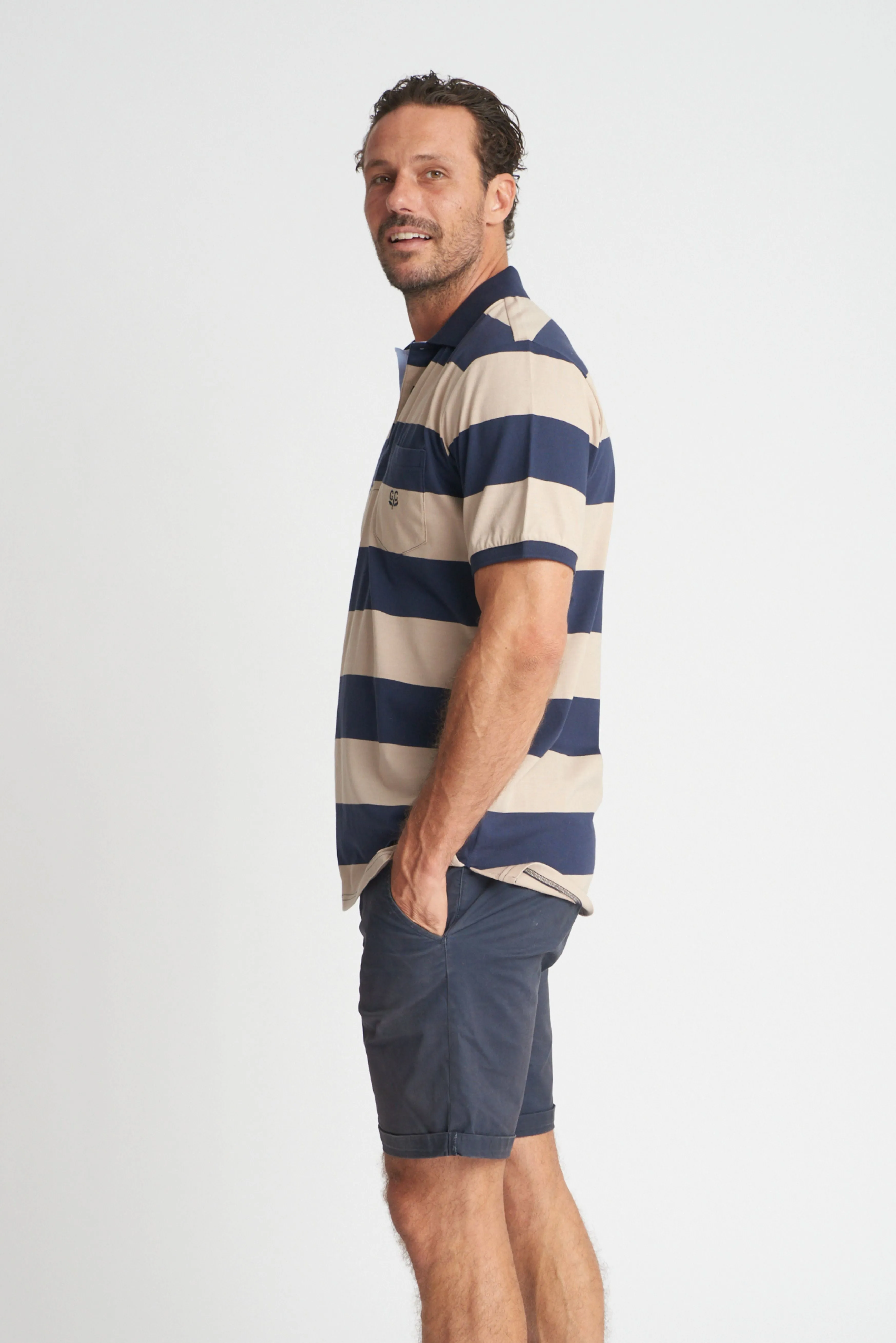 Mens Cotton Stripe Polo Navy/Hummus