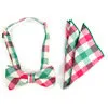 Men's Pink Green Plaid Cotton Bow Tie & Matching Pocket Square