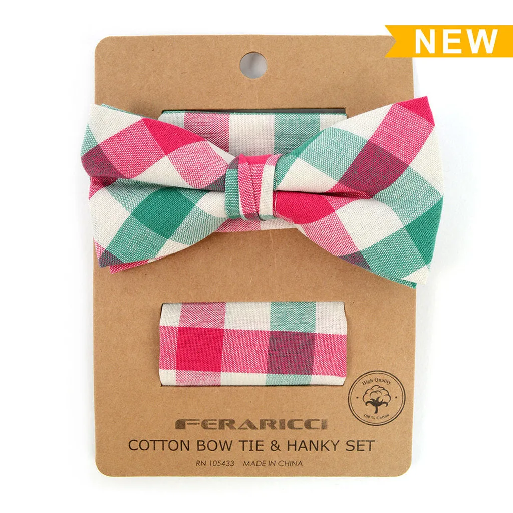 Men's Pink Green Plaid Cotton Bow Tie & Matching Pocket Square