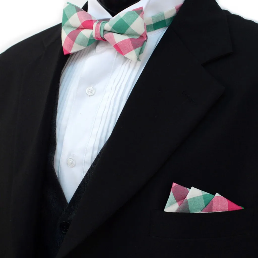 Men's Pink Green Plaid Cotton Bow Tie & Matching Pocket Square