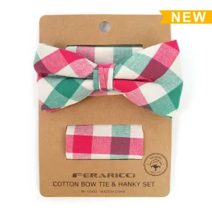 Men's Pink Green Plaid Cotton Bow Tie & Matching Pocket Square