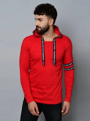 Men's Red Cotton Self Pattern Hooded Tees