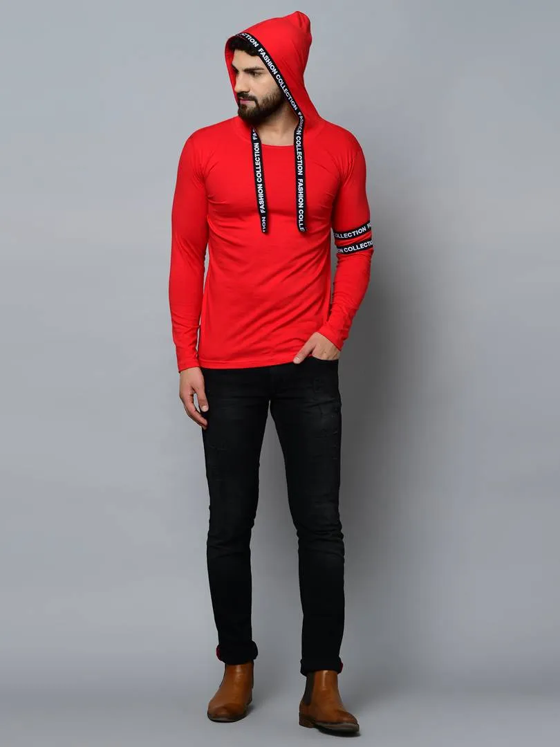 Men's Red Cotton Self Pattern Hooded Tees