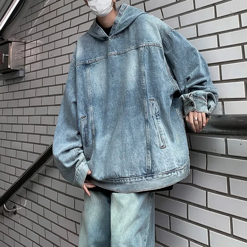 Men's Trendy Washed Denim Hoodie Set