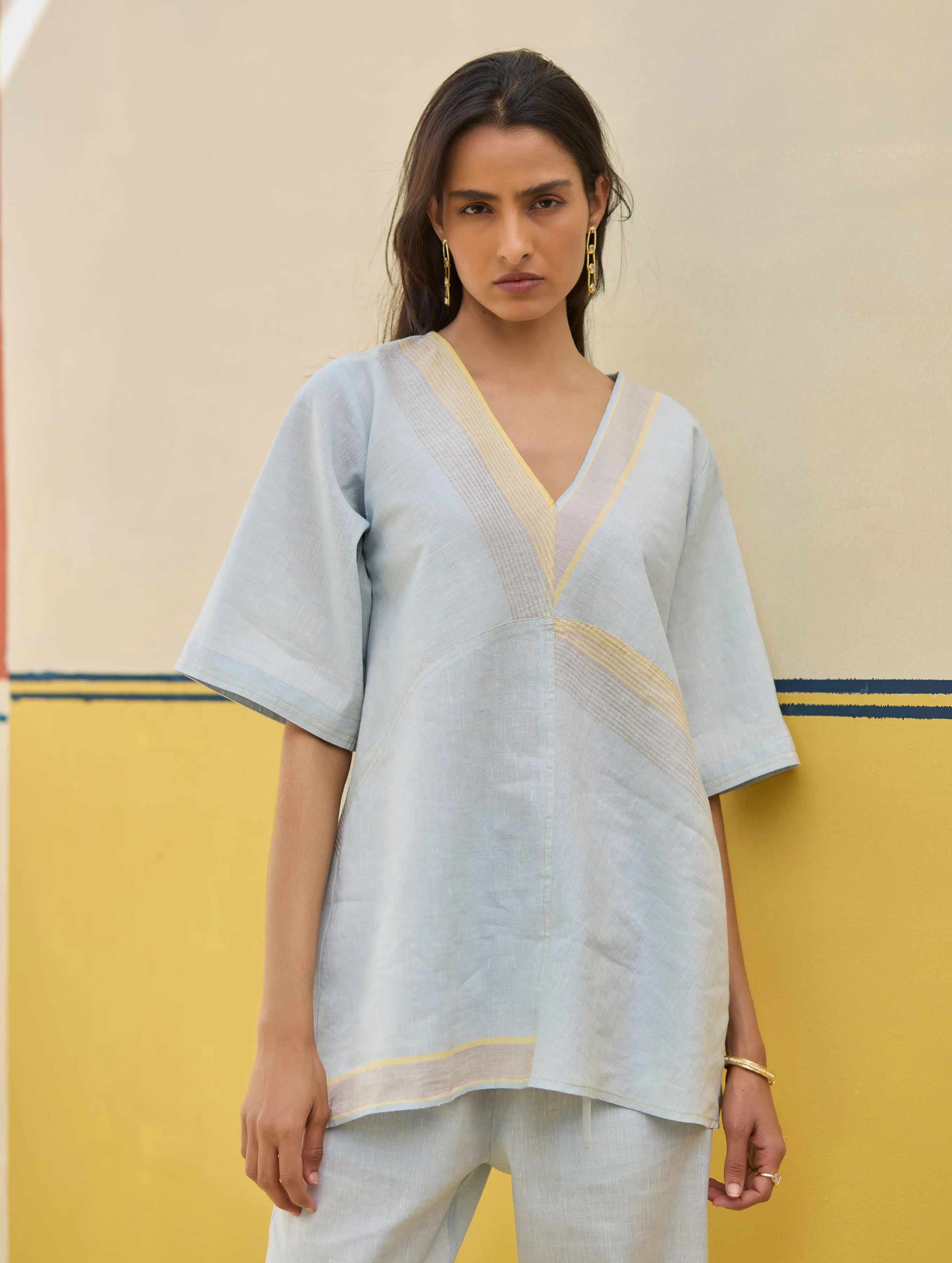 Moriko Border Linen Top - Sky