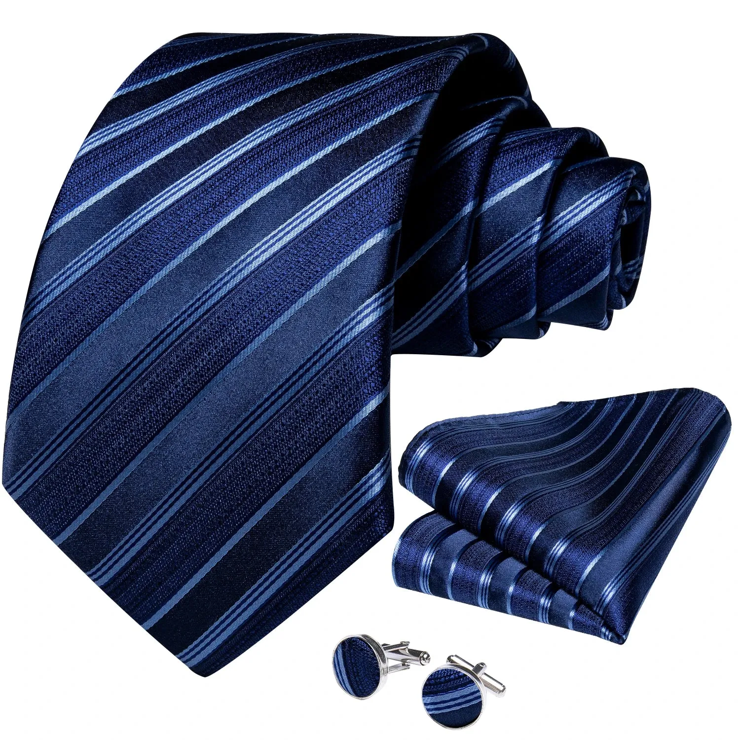 New Formal Ties Classic 100% Silk Blue Striped Necktie Handkerchief Cufflinks Gift For Men Wedding Tie Cravate Gravatas DiBanGu