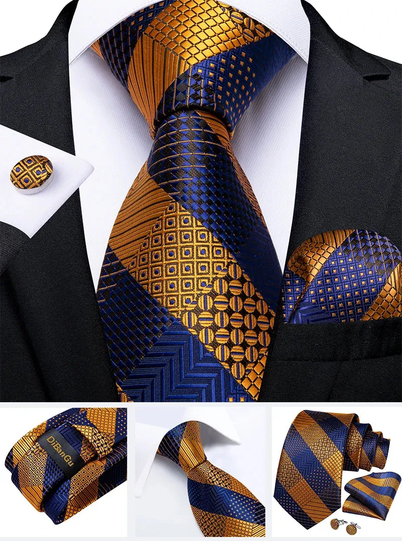 New Formal Ties Classic 100% Silk Blue Striped Necktie Handkerchief Cufflinks Gift For Men Wedding Tie Cravate Gravatas DiBanGu