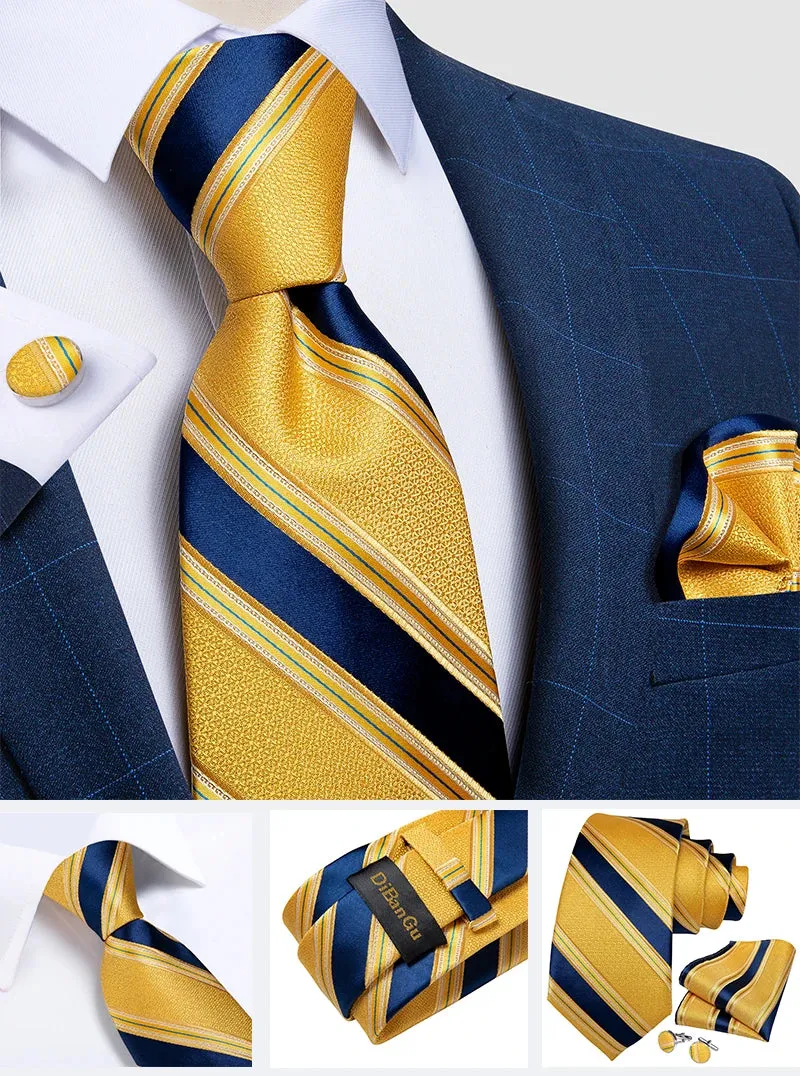 New Formal Ties Classic 100% Silk Blue Striped Necktie Handkerchief Cufflinks Gift For Men Wedding Tie Cravate Gravatas DiBanGu