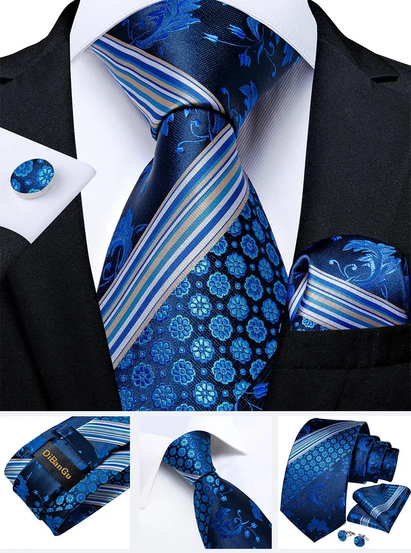 New Formal Ties Classic 100% Silk Blue Striped Necktie Handkerchief Cufflinks Gift For Men Wedding Tie Cravate Gravatas DiBanGu