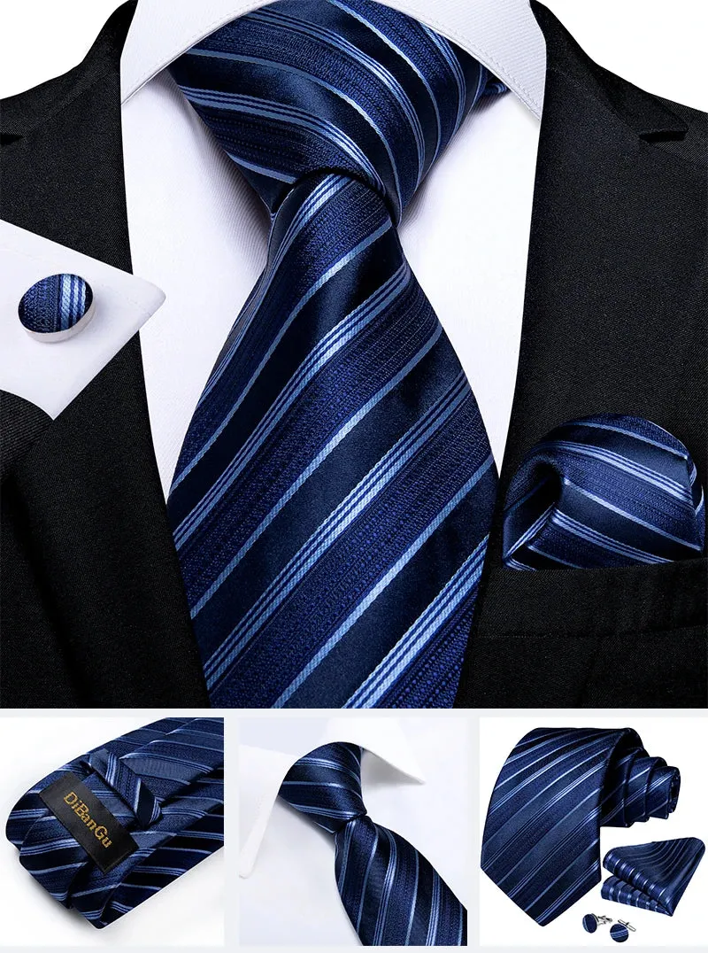 New Formal Ties Classic 100% Silk Blue Striped Necktie Handkerchief Cufflinks Gift For Men Wedding Tie Cravate Gravatas DiBanGu