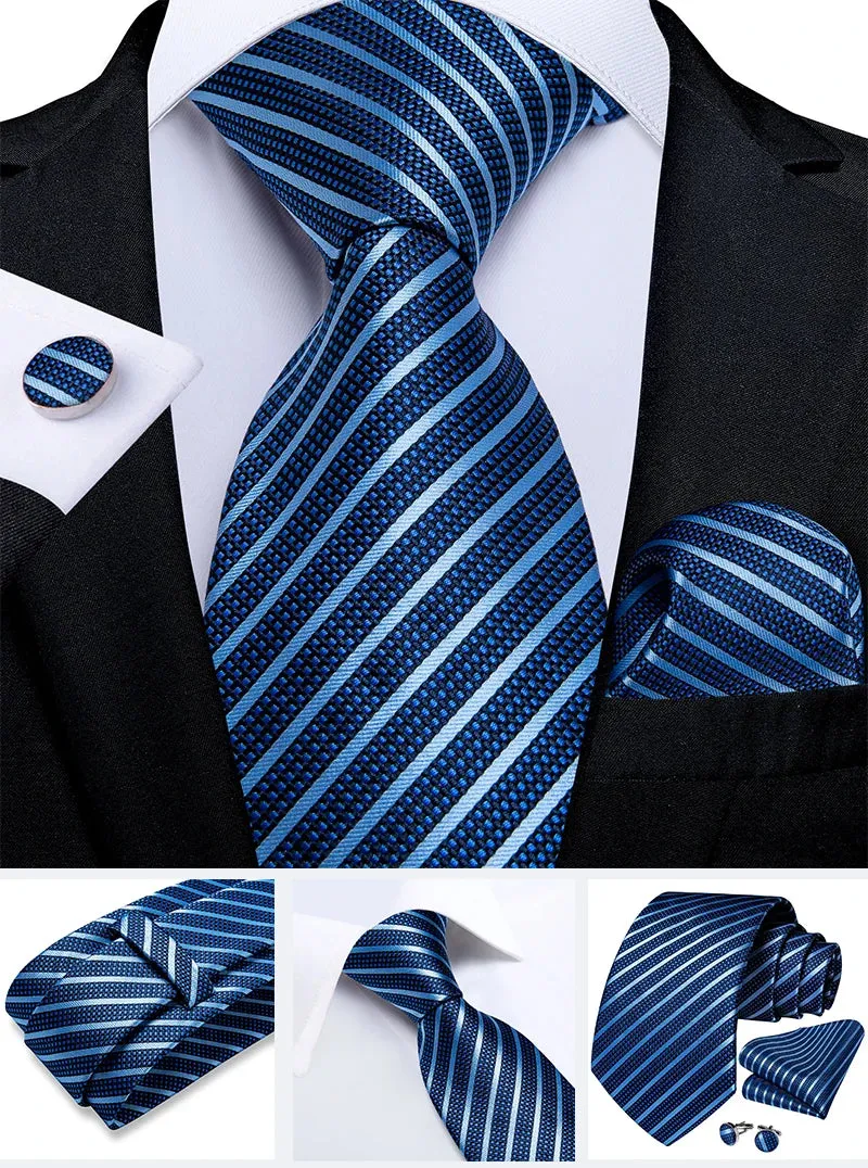 New Formal Ties Classic 100% Silk Blue Striped Necktie Handkerchief Cufflinks Gift For Men Wedding Tie Cravate Gravatas DiBanGu