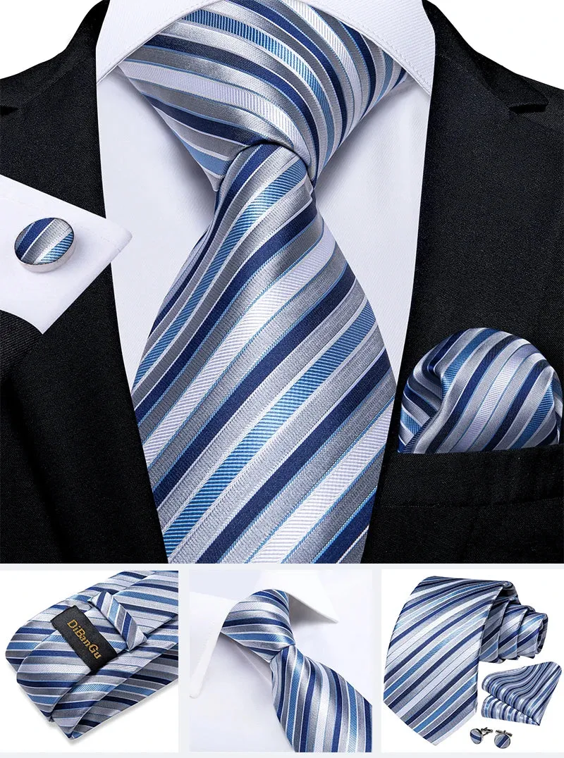 New Formal Ties Classic 100% Silk Blue Striped Necktie Handkerchief Cufflinks Gift For Men Wedding Tie Cravate Gravatas DiBanGu