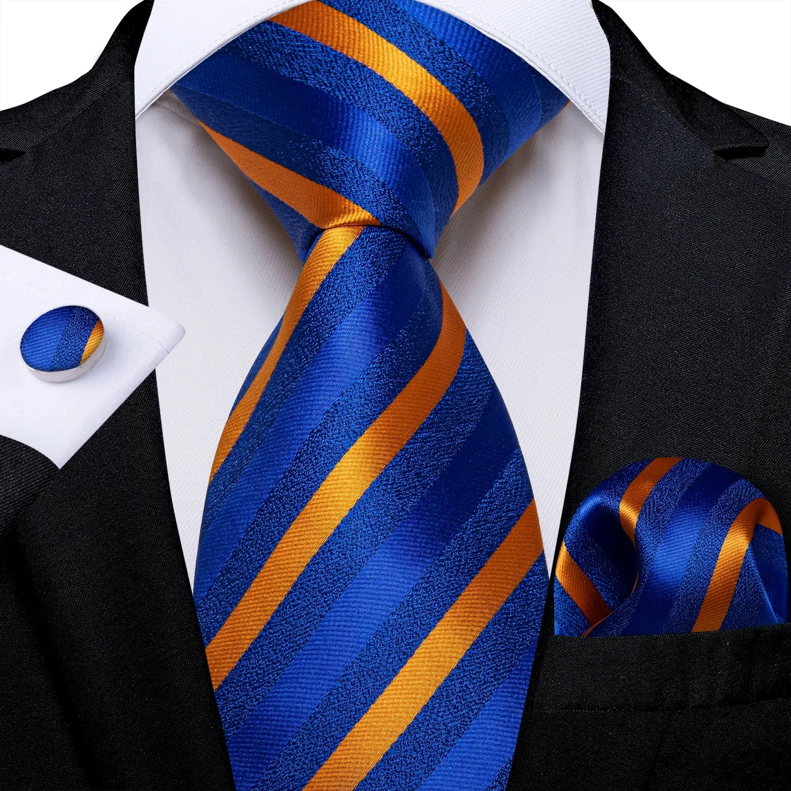 New Formal Ties Classic 100% Silk Blue Striped Necktie Handkerchief Cufflinks Gift For Men Wedding Tie Cravate Gravatas DiBanGu